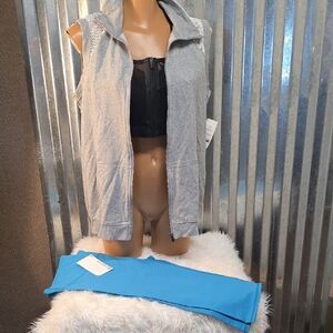 Fabletics 3 piece set Gray Sleeveless jacket, Sports bra with Blue Leggings